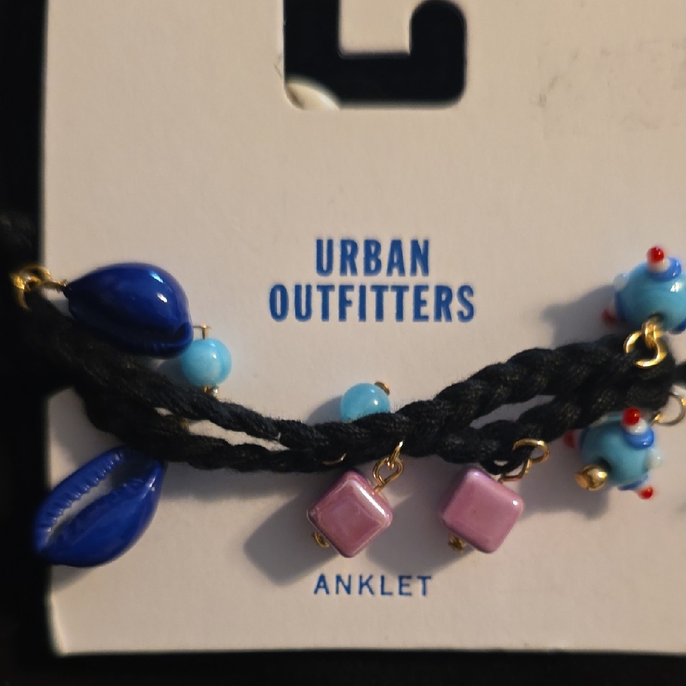 Urban Outfitters Black Braided Anklet with Blue and Pink Beads